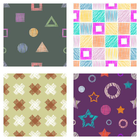 Seamless set of vector geometrical patterns with stars, triangles, circle, square endless background with hand drawn textured geometric figures Graphic illustration for wrapping, web backgrounds, wallpaperのイラスト素材