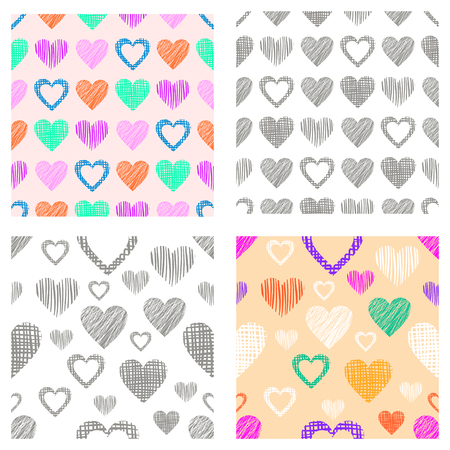 Set of seamless vector patterns with hearts. endless symmetrical backgrounds with hand drawn textured figures. Graphic illustration Template for wrapping, web backgrounds, wallpaper, cover, print, surfaceのイラスト素材