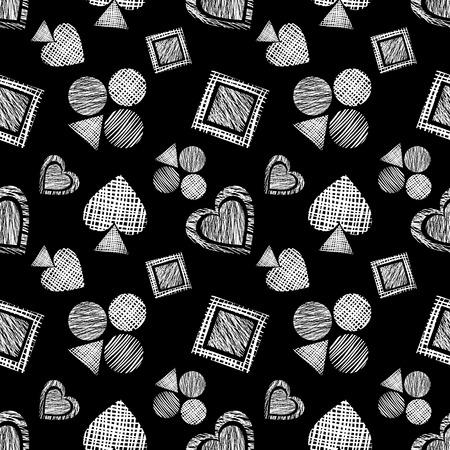 Seamless vector geometrical pattern with icons of playing cards. background with hand drawn textured geometric figures. Pastel Graphic illustration Template for wrapping, web backgrounds, wallpaperのイラスト素材