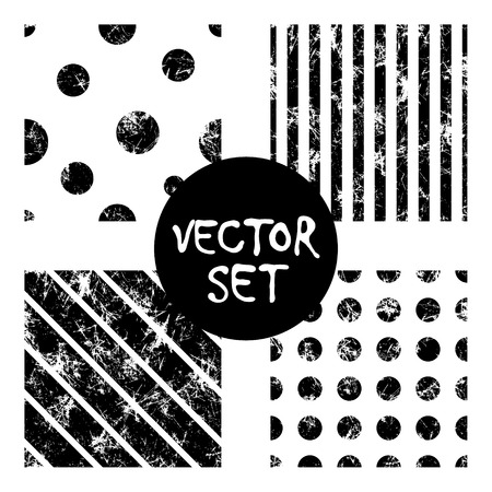 Set of vector seamless patterns Creative geometric black and white backgrounds with squares,stars,circles.Texture with attrition, cracks and ambrosia. Old style vintage design. Graphic illustration.のイラスト素材