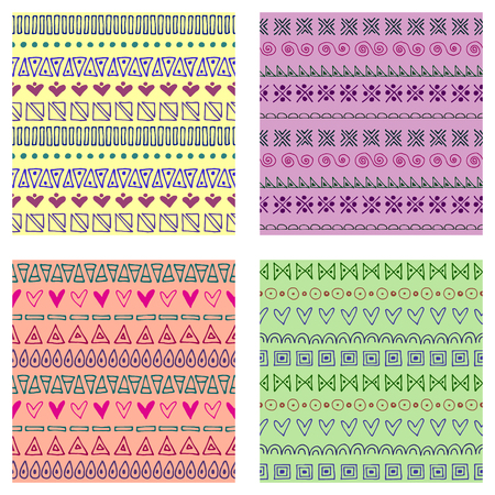 Set of seamless vector patterns. Colorful geometrical endless backgrounds with hand drawn geometric shapes, triangles, circles, dots, lines, Simple graphic design. Repeat decorative ornament.のイラスト素材