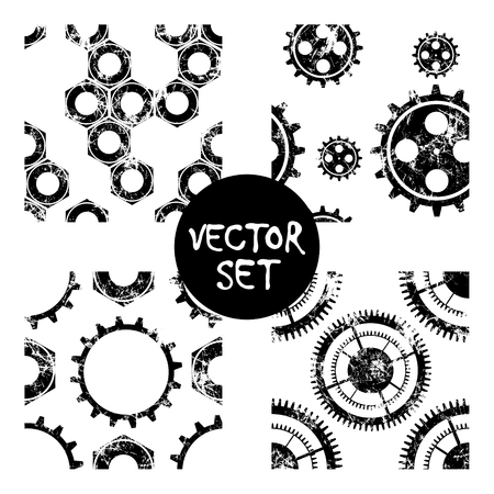 Set of vector seamless patterns with mechanism of watch. Creative geometric black,white grunge backgrounds with gear wheel. Texture with cracks, ambrosia, scratches, attrition. Graphic illustration.のイラスト素材
