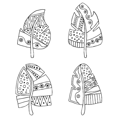 Set of vector hand drawn decorative stylized black and white childish feather. Doodle style, graphic illustration. Ornamental cute line drawing. Series of doodle, cartoon, sketch illustrations.のイラスト素材