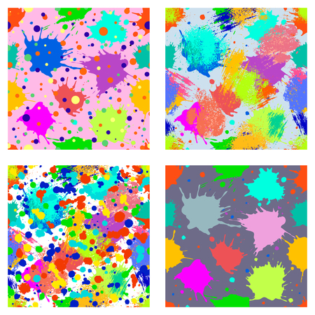 Vector set of seamless patterns, tiles with inc splash, blots, smudge and brush strokes. Grunge endless template for web background, prints, wallpaper, surface, wrapping, repeat elements for design.のイラスト素材