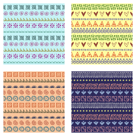 Set of seamless vector patterns. Colorful geometrical endless backgrounds with hand drawn geometric shapes, triangles, circles, dots, lines, Simple graphic design. Repeat decorative ornament.のイラスト素材
