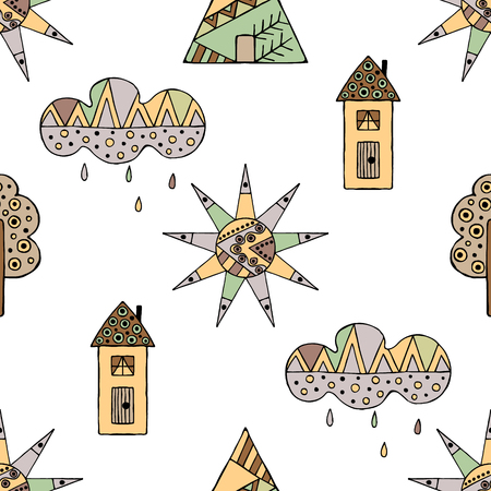 Vector hand drawn seamless pattern, decorative stylized childish house, tree, sun, cloud, rain Doodle style, graphic illustration Childlike cute cartoon, hand drawing in vintage brown colors.のイラスト素材