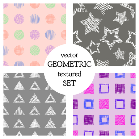 Set of seamless vector geometrical patterns with different geometric figures, forms. pastel endless background with hand drawn textured geometric figures. Graphic vector illustrationのイラスト素材