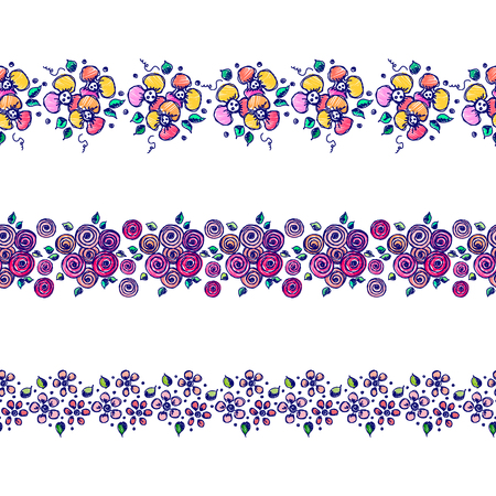 Set of seamless vector hand drawn floral patterns, endless border, frame with flowers, leaves. Decorative graphic line drawing illustration. Print for wrapping, background, fabric, textile, surfaceのイラスト素材