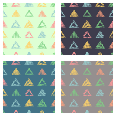 Set of seamless vector geometrical patterns with triangles. pastel endless background with hand drawn textured geometric figures. Graphic vector illustrationのイラスト素材