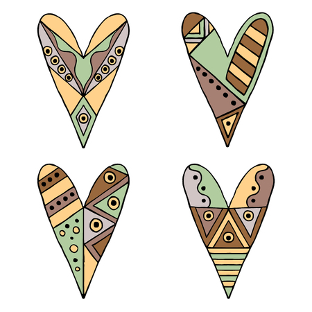 Set of vector hand drawn decorative stylized childish hearts. Doodle style, tribal graphic illustration. Ornamental cute hand drawing in vintage colors. Series of doodle, cartoon, sketch illustrationsのイラスト素材