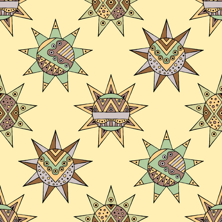 Vector seamless hand drawn pattern, decorative stylized vintage childish tribal sun with lights. Doodle style, tribal graphic illustration Line drawing. Series of doodle, cartoon, sketch illustrationsのイラスト素材