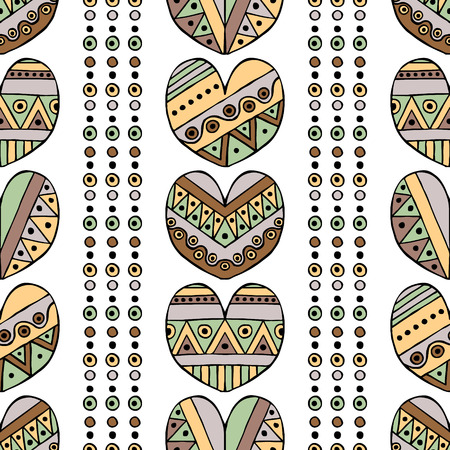 Vector hand drawn seamless pattern, decorative stylized childish hearts. Doodle style, tribal graphic illustration Cute hand drawing in vintage colors. Series of doodle, cartoon, sketch illustrationsのイラスト素材