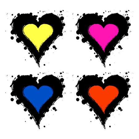 Set of vector graphic grunge illustrations of heart, sign with ink blot, brush strokes, drops isolated on the white background. Series of artistic illustration with splash, blots and brush strokes.のイラスト素材