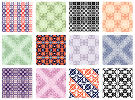 Set of seamless vector geometric colorful patterns with ornamental elements,endless background with ethnic motifs. Graphic vector illustration. Series- sets of vector seamless patterns.のイラスト素材