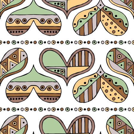 Vector hand drawn seamless pattern, decorative stylized childish hearts. Doodle style, tribal graphic illustration Cute hand drawing in vintage colors. Series of doodle, cartoon, sketch illustrationsのイラスト素材