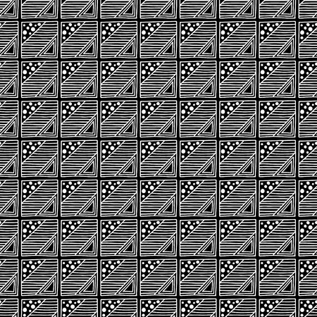 Seamless vector pattern. Black and white geometrical background with hand drawn decorative tribal elements. Print with ethnic, folk, traditional motifs. Graphic vector illustration.のイラスト素材