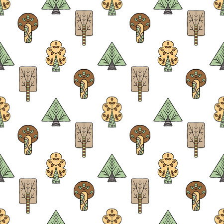 Vector hand drawn seamless pattern, decorative stylized childish trees. Doodle style, tribal graphic illustration. Ornamental cute hand drawing Series of doodle, cartoon, sketch seamless patternsのイラスト素材