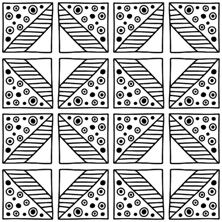 Seamless vector pattern. Black and white geometrical background with hand drawn decorative tribal elements. Print with ethnic, folk, traditional motifs. Graphic vector illustration.のイラスト素材
