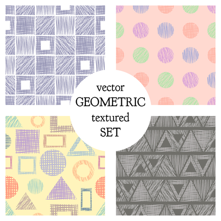 Set of seamless vector geometrical patterns with different geometric figures, forms. pastel endless background with hand drawn textured geometric figures. Graphic vector illustrationのイラスト素材