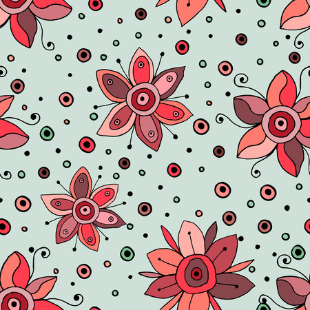 Seamless vector hand drawn doodle childlike floral pattern. Background with childish flowers, leaves. Decorative cute graphic line drawing illustration. Print for wrapping, background, fabric, decorのイラスト素材