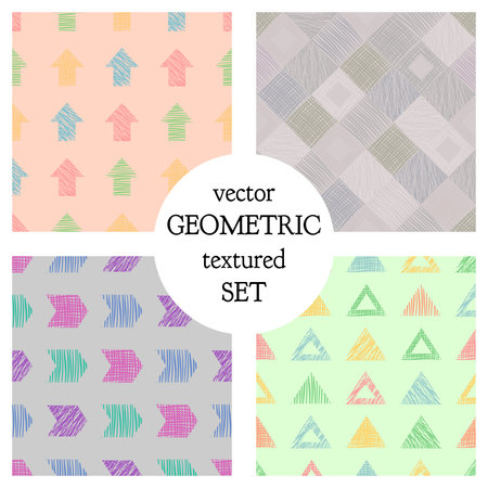 Set of seamless vector geometrical patterns with different geometric figures, forms. pastel endless background with hand drawn textured geometric figures. Graphic vector illustrationのイラスト素材