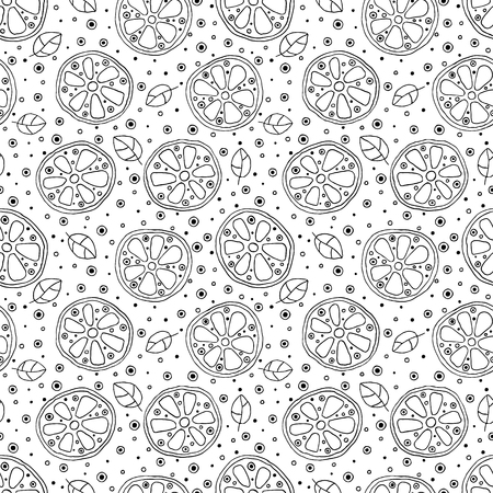 Seamless vector hand drawn childish pattern with fruits. Cute childlike lime, lemon, orange, grapefruit with leaves, seeds, drops. Doodle, sketch, cartoon style background. Line drawingのイラスト素材