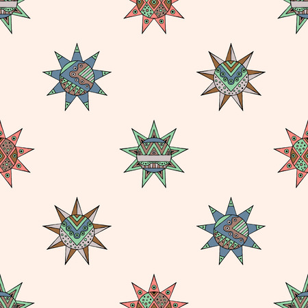 Vector seamless hand drawn pattern, decorative stylized vintage childish tribal sun with lights. Doodle style, tribal graphic illustration Line drawing. Series of doodle, cartoon, sketch illustrationsのイラスト素材
