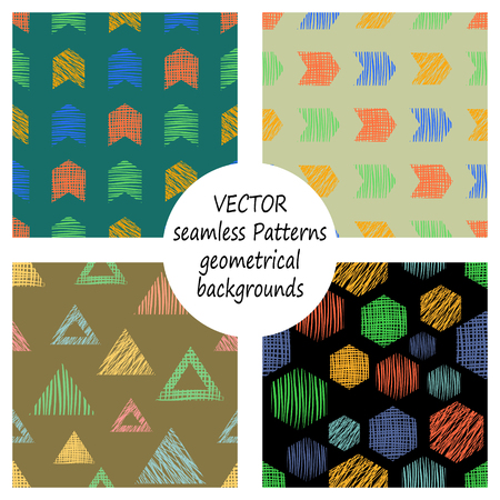 Set of seamless vector geometrical patterns with different geometric figures, forms. pastel endless background with hand drawn textured geometric figures. Graphic vector illustrationのイラスト素材