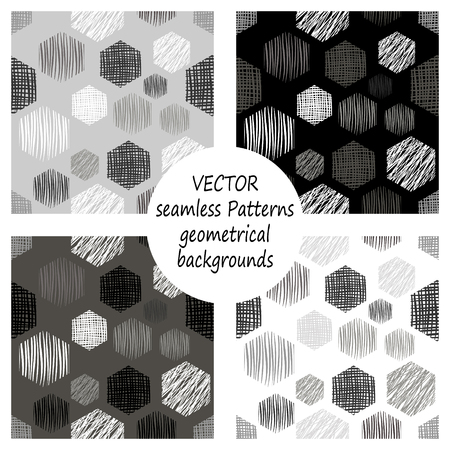 Set of seamless vector geometrical patterns with different geometric figures, forms. pastel endless background with hand drawn textured geometric figures. Graphic vector illustrationのイラスト素材