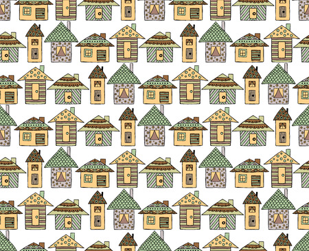 Vector hand drawn seamless pattern Decorative stylized childish houses Doodle style, graphic illustration Ornamental cute hand drawing in brown colors. Series of doodle, cartoon, sketch illustrationsのイラスト素材