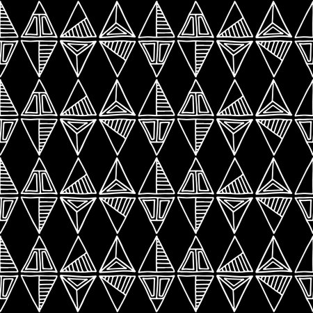 Seamless vector pattern. Black and white geometrical background with hand drawn decorative tribal elements. Print with ethnic, folk, traditional motifs. Graphic vector illustration.のイラスト素材