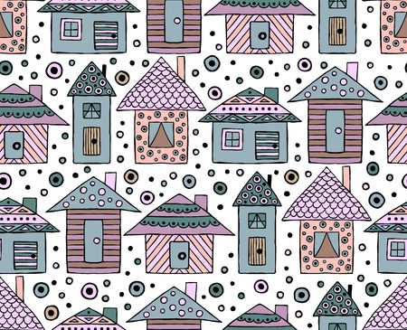 Vector hand drawn seamless pattern, decorative stylized childish houses Doodle style, graphic illustration Ornamental cute hand drawing Series of doodle, cartoon, sketch illustrationsのイラスト素材