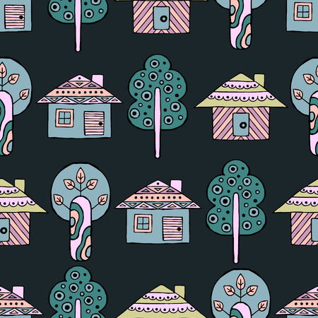 Vector hand drawn seamless pattern Decorative stylized childish trees, house Doodle style, tribal graphic illustration Ornamental cute hand drawing Series of doodle, cartoon sketch seamless patternsのイラスト素材