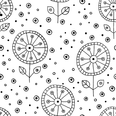 Seamless vector hand drawn doodle childlike floral pattern. Background with childish flowers, leaves. Decorative cute graphic line drawing illustration. Print for wrapping, background, fabric, decorのイラスト素材