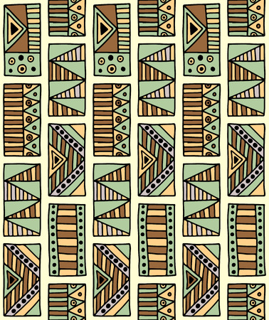 Seamless vector pattern. Geometrical background with hand drawn decorative tribal elements in brown colors. Print with ethnic, folk, traditional motifs. Graphic vector illustration.のイラスト素材