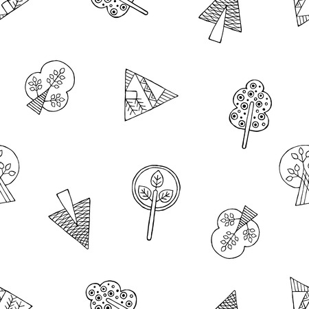 Vector hand drawn seamless pattern, decorative stylized black and white childish trees. Doodle sketch style, graphic illustration, background. Ornamental cute hand drawing. Line drawing.のイラスト素材