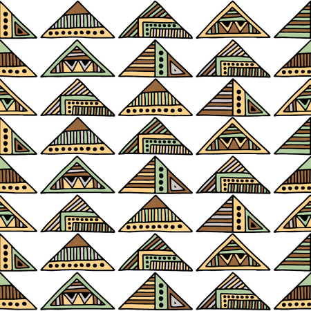 Seamless vector pattern. Geometrical background with hand drawn decorative tribal elements in brown colors. Print with ethnic, folk, traditional motifs. Graphic vector illustration.のイラスト素材