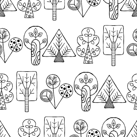 Vector hand drawn seamless pattern, decorative stylized black and white childish trees. Doodle sketch style, graphic illustration, background. Ornamental cute hand drawing. Line drawing.のイラスト素材