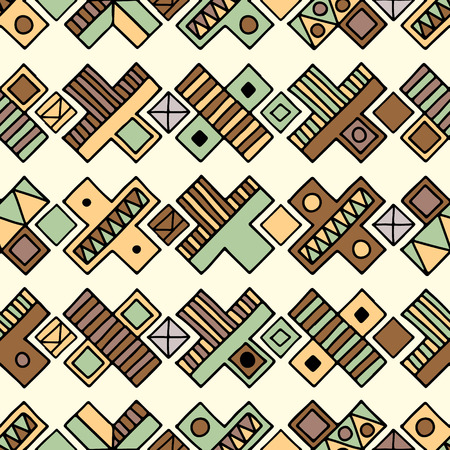 Seamless vector pattern. Geometrical background with hand drawn decorative tribal elements in brown colors. Print with ethnic, folk, traditional motifs. Graphic vector illustration.のイラスト素材