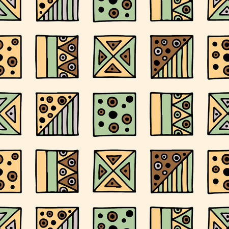 Seamless vector pattern. Geometrical background with hand drawn decorative tribal elements in brown colors. Print with ethnic, folk, traditional motifs. Graphic vector illustration.のイラスト素材