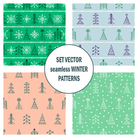 Set of seamless vector patterns with fir-trees, snowflakes. seasonal winter background with cute hand drawn fir trees Graphic illustration. Series of winter seamless vector patterns.のイラスト素材
