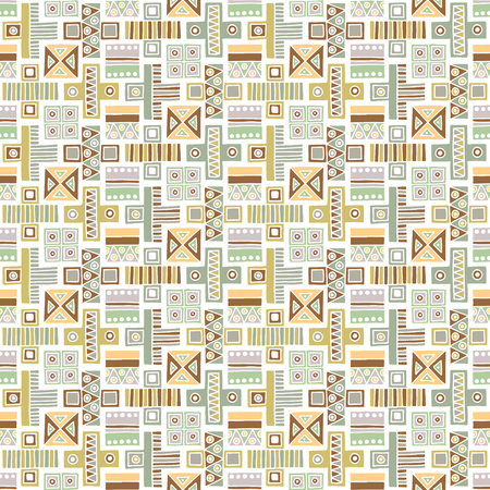 Seamless vector pattern. Geometrical background with hand drawn decorative tribal elements in vintage brown pastel colors. Print with ethnic, folk, traditional motifs. Graphic vector illustration.のイラスト素材