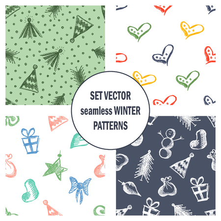 Set of seamless vector patterns with cute hand drawn fir trees, gifts, hearts, bows, christmas toys. Seasonal winter backgrounds Graphic illustration.のイラスト素材