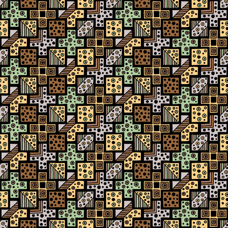 Seamless vector pattern. Geometrical background with hand drawn decorative tribal elements in vintage brown dark colors. Print with ethnic, folk, traditional motifs. Graphic vector illustration.のイラスト素材