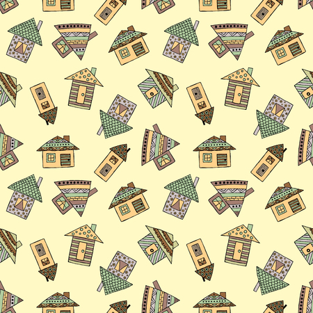 Vector hand drawn seamless pattern Decorative stylized childish houses Doodle style, graphic illustration Ornamental cute hand drawing in brown colors. Series of doodle, cartoon, sketch illustrationsのイラスト素材