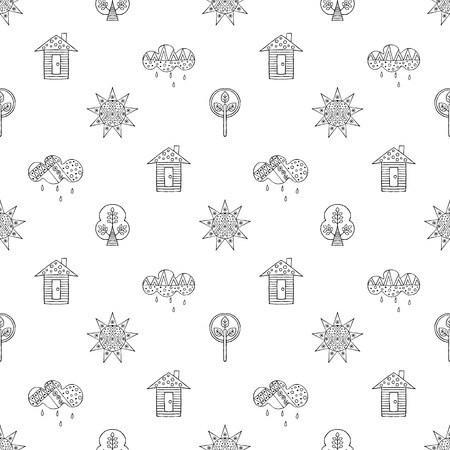 Vector hand drawn seamless pattern, decorative stylized childish house, tree, sun, cloud, rain Doodle style, graphic illustration Childlike cute cartoon, hand drawingのイラスト素材