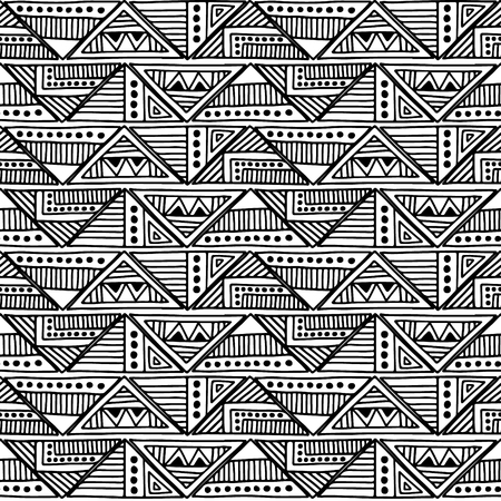 Seamless vector pattern. Geometrical background with hand drawn decorative tribal elements in black and white colors. Print with ethnic, folk, traditional motifs. Graphic vector illustration.のイラスト素材