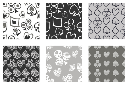 Set of seamless vector patterns with icons of playings cards. background with hand drawn symbols. Decorative repeat ornament. Series of Gaming and Gambling Seamless vector Patterns.のイラスト素材