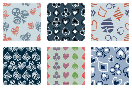 Set of seamless vector patterns with icons of playings cards. background with hand drawn symbols. Decorative repeat ornament. Series of Gaming and Gambling Seamless vector Patterns.のイラスト素材