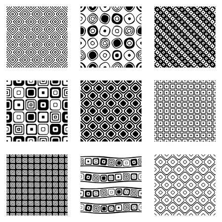 Set of seamless vector geometrical patterns. Endless background with hand drawn ornamental tribal elements. Black and white graphic vector illustration with ethnic motifs. Print for cover, fabric, wrapping.のイラスト素材
